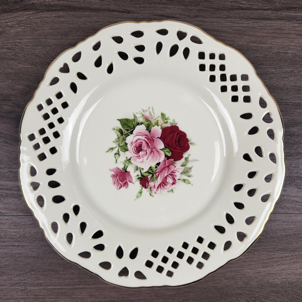 Vintage Formalities Baum Bros Porcelain Plate Roses‎ Reticulated Victorian Rose